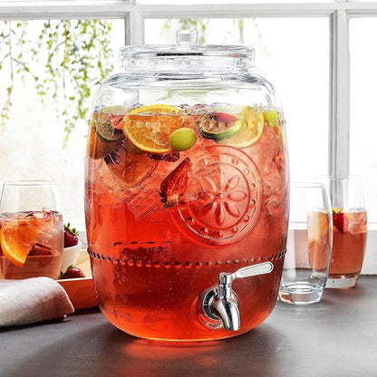 2.5 Gallon Glass Beverage Dispenser with Stainless Steel Spigot With Pinwheel Design 100% Leakproof Glass Drink Dispenser for Parties with Spout, Airtight Beverage Dispenser for Water Juice Laundry