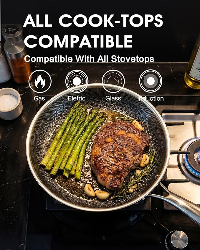 Non Stick Frying Pan 12 Inch with Lid, Hybrid Nonstick Stainless Steel Skillet Pan with Stay-cooling Handle, PFOA Free Non Toxic Dishwash & Oven Safe Kithchen Cookware Set Compatible All Cooktops - Image 7