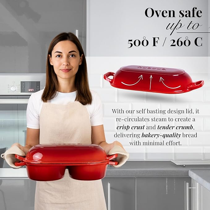 Dutch Oven For Sourdough Bread Baking – Enamelled Cast Iron Bread Loaf Pot – 500°F Oven Safe Non Stick Bread Pot – Double Round Loaf Space, 16.5cm Diameter, Red, – by Nuovva - Image 3