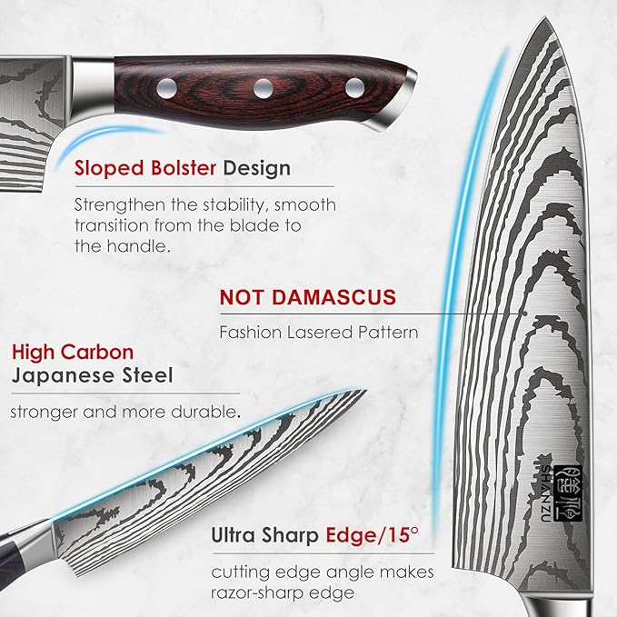 SHAN ZU Japanese Chef Knife Set 5 PCS, High Carbon Stainless Steel Ultra Sharp Kitchen Knives for cooking, Professional Chef Knife Set with Ergonomic Pakkawood Handle - Image 3