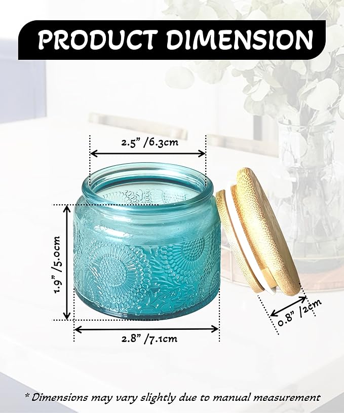 4 oz Blue Mini Glass Jars with Airtight Bamboo Lids 12 pack, Decorative Small Food Storage Canister, Vintage Embossed Home Décor Candle Parties Wedding Baby Shower Favors Gift