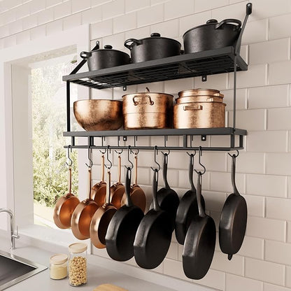 KES 30-Inch Kitchen Pot Rack - Mounted Hanging Rack for Kitchen Storage and Organization - Matte Black 2-Tier Wall Shelf with Guard Rail for Pots and Pans Organizer with 12 Hooks - KUR215S75B-BK by KES