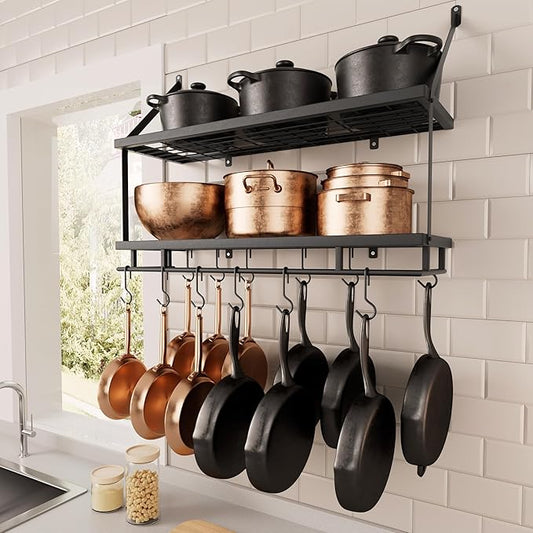 KES 30-Inch Kitchen Pot Rack - Mounted Hanging Rack for Kitchen Storage and Organization - Matte Black 2-Tier Wall Shelf with Guard Rail for Pots and Pans Organizer with 12 Hooks - KUR215S75B-BK by KES