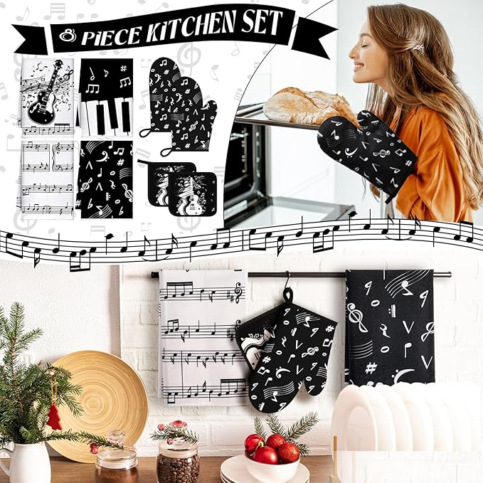 Leinuosen 8 Pcs Music Note Kitchen Decor Accessories Set Farmhouse Towels Oven Mitts Pot Holders Dishcloths Set Kitchen Decorative Absorbent Potholders for Chef Baking Cooking - Image 2