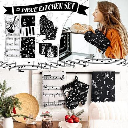Leinuosen 8 Pcs Music Note Kitchen Decor Accessories Set Farmhouse Towels Oven Mitts Pot Holders Dishcloths Set Kitchen Decorative Absorbent Potholders for Chef Baking Cooking - Image 2