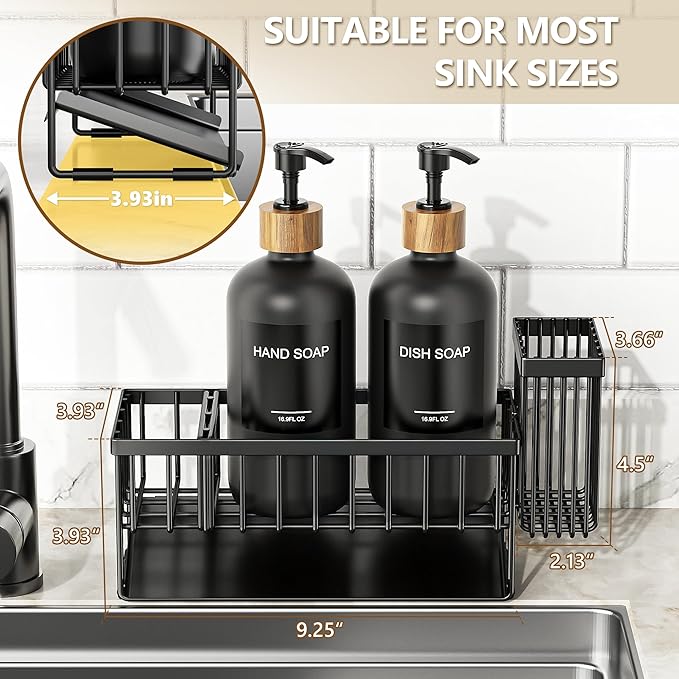 Cisily Kitchen Dish Soap Dispenser Set with 2 Pack 16.9oz Black Glass Bottle and Sponge Holder, Dish Soap Dispensers with Adjustable Sponge Holder, Vintage Hand and Dish Soap Dispensers Set - Image 6