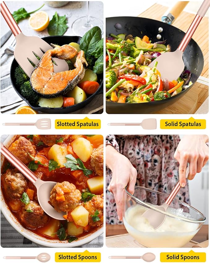 Pack of 4 Silicone Cooking Utensils Set, Non Stick Large Solid Spatulas, Heat Resistant Rose Gold Khaki Slotted Spoons, Ideal BPA Free Kitchen Turners for Frying, Mixing,Serving,Draining,Turning - Image 3