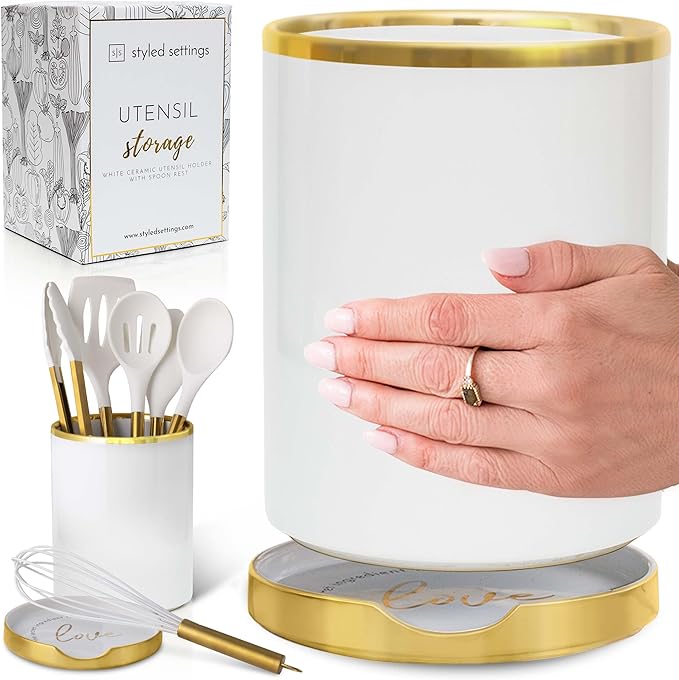 White Utensil Holder with Built-In Ceramic Spoon Rest - 2-Piece Luxe White and Gold Spatula Holder with Gold Spoon Rest for Countertop Organization - Stylish Kitchen Accessory, Utensils Not Included by STYLEDSETTINGS
