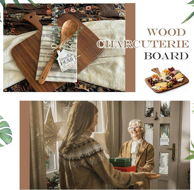 Nuenen Wood Cutting Board with Handle 12x11x0.47 Inch Acacia Bamboo Wooden Serving Kitchen Chopping Boards for Pizza, Bread, Cheese, Charcuterie, Fruit, Vegetables(1 Pcs, Acacia) - Image 6