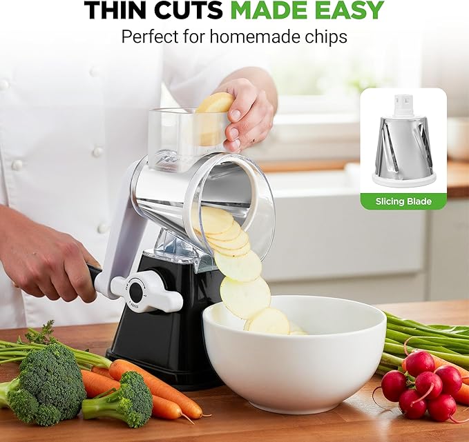 Nutrichef 3 in 1 Cheese Grater & Shredder | Strong Suction Base, Rotary Handle with Safety Lock | Includes Hand Crank & 3 Drum Blades for 3 Textures, Fine, Medium & Strips | Black - Image 6