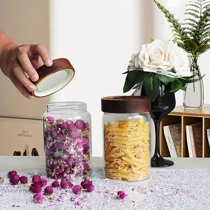 Airtight Glass Jars with Wooden Lid Glass Spice Jar Round Glass Storage Canister for Pantry Sugar Tea Coffee Bean Nuts Cookies Bath Salts (900ML*2PACK) - Image 6