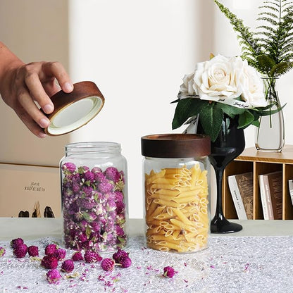 Airtight Glass Jars with Wooden Lid Glass Spice Jar Round Glass Storage Canister for Pantry Sugar Tea Coffee Bean Nuts Cookies Bath Salts (900ML*2PACK) - Image 6