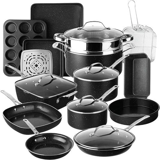 Granitestone Ceraluxe 20 Pc Ceramic Cookware Set Nonstick, Complete Pots and Pans Set Non Stick with 5 Pc Bakeware Set, Deep Frying Pan Set, & Steamer, Non Toxic PFOA Free, Oven & Dishwasher Safe by Granitestone+