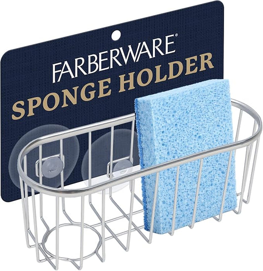 Best Brands Farberware Sponge Holder for Kitchen Sink—Brushed Metal Sink Caddy Organizer with Triple Suction Cups, Kitchen Organizer for Sponges, Brushes, Soap & Cleaning Essentials