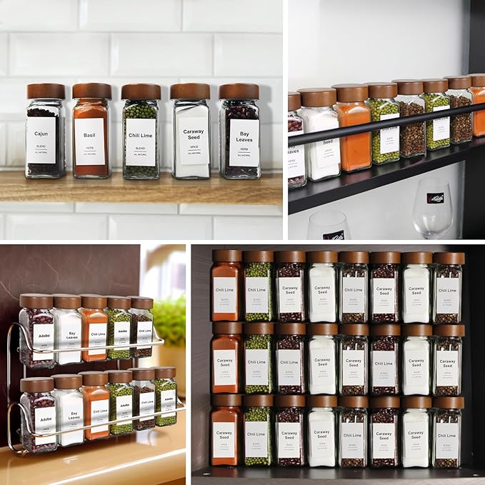 30 Pcs Spice Jars, 4oz Seasoning Containers with Acacia Wood Shaker Lids, Glass Spice Bottles with Labels, Square Seasoning Organizer, Kitchen Spice Container - Image 8