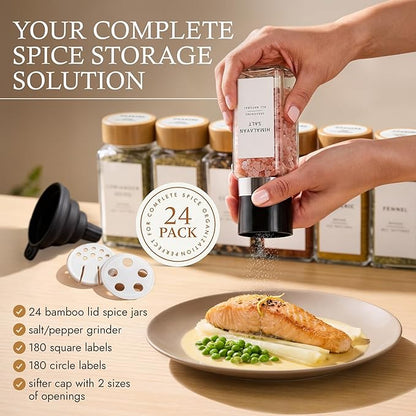 Glass Spice Jars with 360 Labels -24 pcs- 4oz- Spice Containers with Bamboo Lids -Shaker Lids- Pepper Grinder-Spice Organization for Cabinet-Drawer-Rack-Seasoning Organizer-Square bottles - Image 2