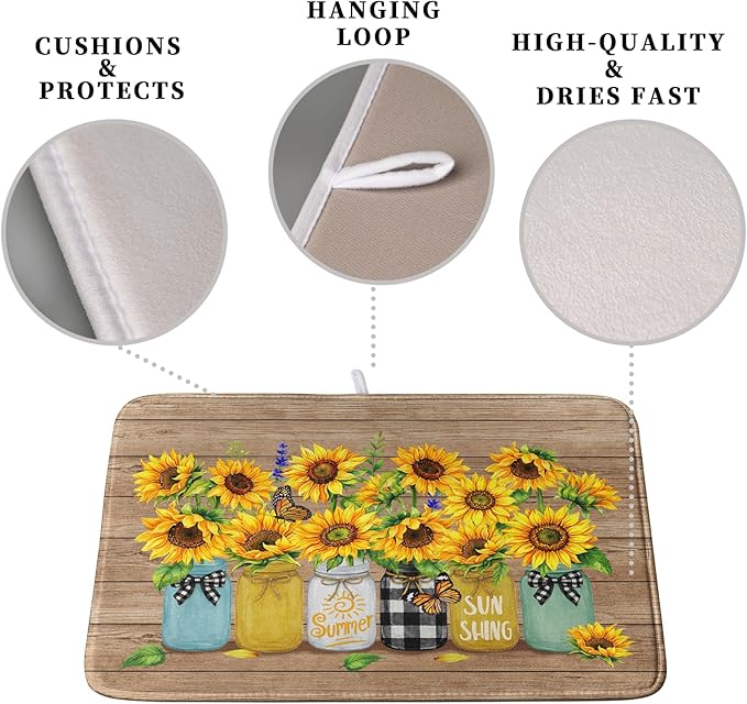 Sunflower Dish Drying Mat for Kitchen 16x18 Inch Counter Rustic Vintage Floral Vases Wood Grain Drying Mats Microfiber Absorbent Dishes Drying Pad Spring Summer Flowers Dish Drainer Rack Mat - Image 3