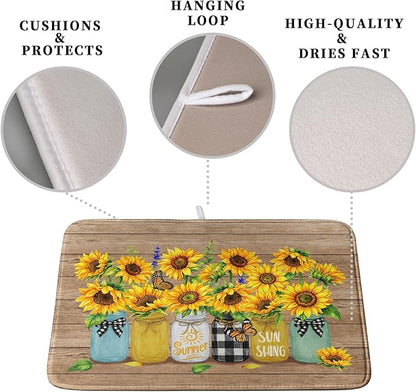 Sunflower Dish Drying Mat for Kitchen 18x24 Inch Counter Rustic Vintage Floral Vases Wood Grain Drying Mats Microfiber Absorbent Dishes Drying Pad Spring Summer Flowers Dish Drainer Rack Mat - Image 3