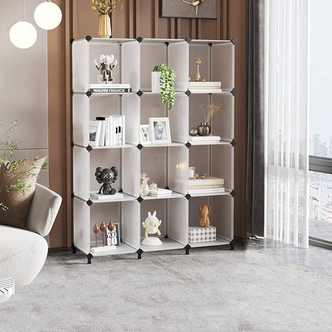 AWTATOS Cube Storage Organizer Storage 12 Cube Bookshelf DIY Plastic Closet Storage Shelves with Wooden Mallet, Ideal Storage Solution for Home, Bedroom, Translucent White - Image 2
