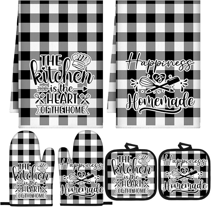 Sratte 6 Pcs Kitchen Decor Accessories Set Farmhouse Towels Pot Holders Oven Mitts Set 2 Dish Towels 2 Potholders 2 Cooking Mittens Oven Glove for Christmas Baking Cooking Supply(Black White,Kitchen) by Sratte