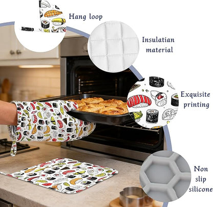 Japanese Kawaii Sushi Potholders & Oven Mitts Sets Cute Sushi Roll Silicone Heat Resistant Oven Mits and Hot Pads Non-Slip Pot Holders Gloves for Kitchen Chef Cooking Baking Grilling BBQ
