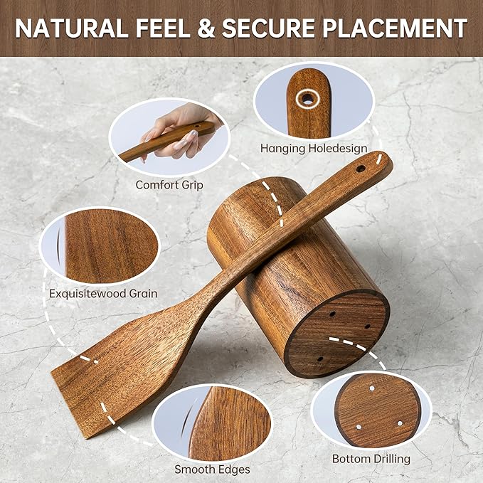 Wooden Utensil Set 8 Pcs - Natural Non-Toxic Acacia Wooden Spoons for Cooking, Nonstick, Sturdy, Non-Scratch, Easy to Clean, Wood Kitchen Utensils Set with Holder, Spoon Rest & 6 Hooks - Image 3