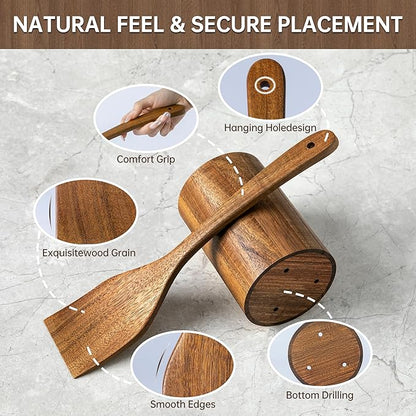 Wooden Utensil Set 8 Pcs - Natural Non-Toxic Acacia Wooden Spoons for Cooking, Nonstick, Sturdy, Non-Scratch, Easy to Clean, Wood Kitchen Utensils Set with Holder, Spoon Rest & 6 Hooks - Image 3