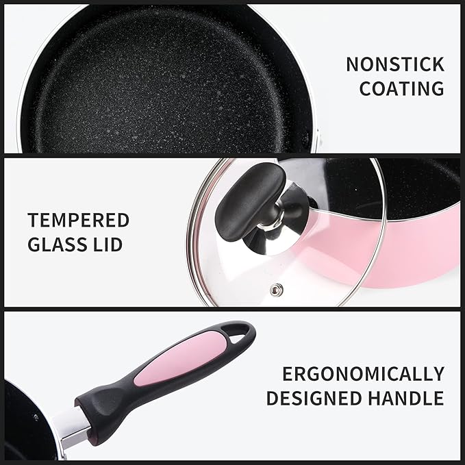 Nonstick Saucepan Set with Lid, Non Stick 1Qt & 2Qt Sauce Pan Set with Glass Lid Small Pot for Home Kitchen - Image 5