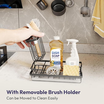SWTYMIKI Large Sink Caddy Kitchen Sink Organizer with Detachable Brush Holder, Stainless Steel Sponge Holder with Removable Drip Tray Sponge Caddy for Kitchen Countertop, Black - Image 4