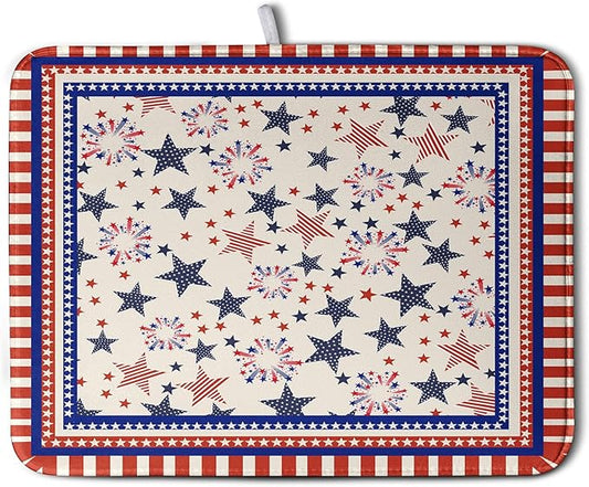 Happy 4th of July Patriotic Dish Drying Mat 16 x 18 Inch US Independence Day Vintage Star Kitchen Drying Mat Blue White Red Dish Drainer Mats Super Absorbent Dish Rack Pad for Coffee Bar Sinks by Kwlegh