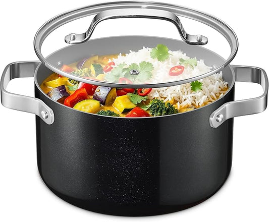 Bakken 5 Quart Ceramic Coated Stock Pot with Lid, Easy to Clean Nonstick Pot, Tempered Glass Lid, Riveted Stainless Steel Handles, Oven Safe Up To 500°F, PTFE & PFAS Free, All Stove Compatible, Black by BAKK%C3%8BNMASTER