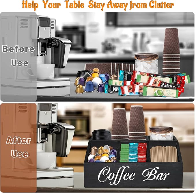 ugiftt Coffee Station Organizer for Counter, Wood Coffee Pods Holder Storage Basket, Tea Condiment Storage Organizer, Rustic Coffee Bar Decor for Coffee Accessories Organizer - Image 5