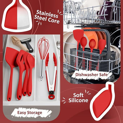 Silicone Cooking Utensils Set of 10, Kitchen Utensils Set for Cooking, 446°F Heat Resistant Silicone Kitchen Tools with Turner Spatula, Soup Ladle, Serving Spoons, Tongs for Nonstick Cookware - Red