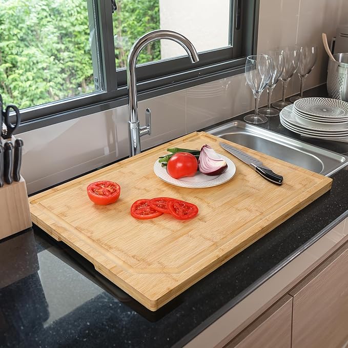 24 x 18 Extra Large Bamboo Serving Boards for Kitchen, Heavy Duty Wood Butcher Block Chopping Board with Handle and Juice Groove for Meat, Large Charcuterie Board, Over the Sink Cutting Board - Image 6