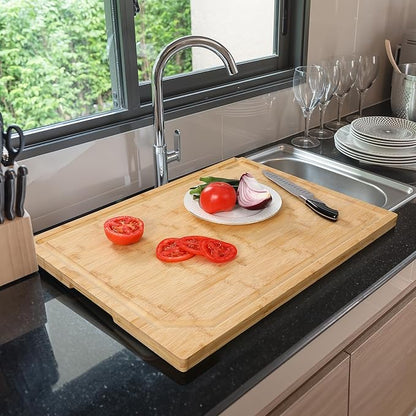 24 x 18 Extra Large Bamboo Serving Boards for Kitchen, Heavy Duty Wood Butcher Block Chopping Board with Handle and Juice Groove for Meat, Large Charcuterie Board, Over the Sink Cutting Board - Image 6