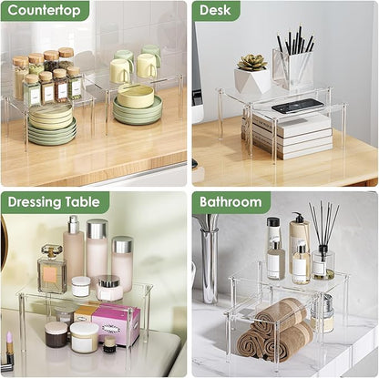 Delamu Clear Kitchen Cabinet Organizer, Set of 2 Acrylic Shelf Organizer for Cupboard Organizers and Storage, Stackable Cabinet Shelf for Plate, Dish, Bowl, Cup & Mug, 11.7" W x 7.7" D x 6.3" H
