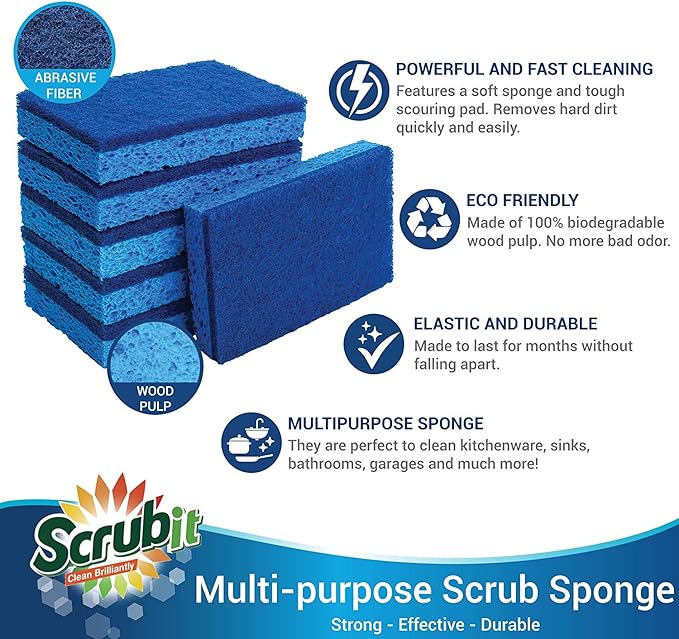 SCRUBIT Kitchen Scrub Sponges - Non-Scratch Dishwashing Sponge for Cleaning Dishes, pots and Pans - 12 Pack (Blue) - Image 5