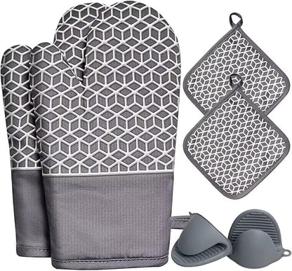 Oven Mitts and Pot Holders Sets 6pcs, Thick Cotton Oven Gloves High Heat Resistant 500℉with Extra Long Oven Mitts and Hot Pads Potholders with Non-Slip Silicone Surface for Cooking Baking by Startyourcomfortablelife