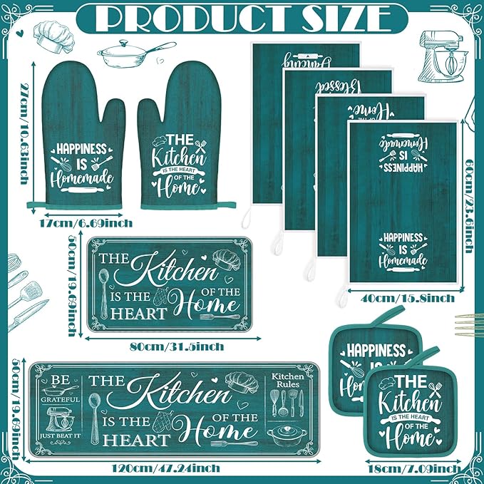 Fourluoo 10 Pcs Farmhouse Kitchen Decor and Accessories Set 4 Kitchen Towels 2 Pot Holders 2 Oven Mitts 2 Rugs for Cooking Baking Mom Housewarming Gifts(Light Blue,Classic Style) - Image 4