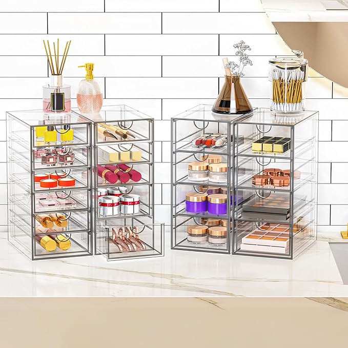 YFXCVSL Acrylic Makeup Organizer with 19 Drawers, 4 Pack Clear Storage Drawers, Bathroom Makeup Organizer for Palettes, Cosmetic, and Beauty Supplies,Ideal for Vanity, Cabinet,Desk Organization - Image 2