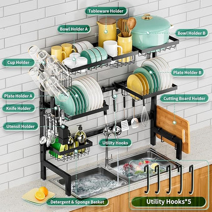 Over The Sink Dish Drying Rack,Expandable Length 3-Tier Large Stainless Steel Over The Sink Dish Rack with 6 Baskets, Utensil Holder Dish Drainers for Kitchen Counter - Image 2