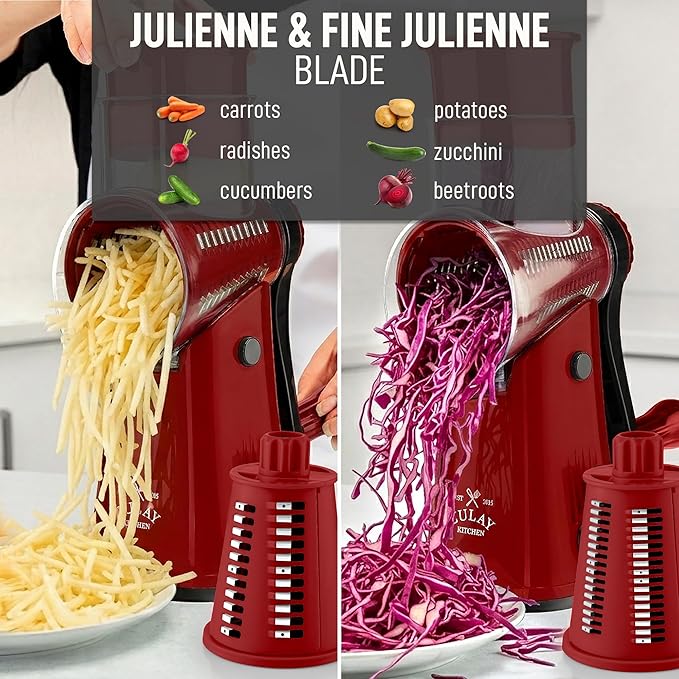 Zulay Kitchen Rotary Cheese Grater 5 Blade Cheese Shredder - Manual Hand Crank Cheese Grater With Reinforced Suction & 5 Interchangeable Drums - Easy to Use, Vegetable Chopper Round Mandoline Slicer - Image 6