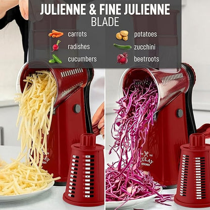 Zulay Kitchen Rotary Cheese Grater 5 Blade Cheese Shredder - Manual Hand Crank Cheese Grater With Reinforced Suction & 5 Interchangeable Drums - Easy to Use, Vegetable Chopper Round Mandoline Slicer - Image 6