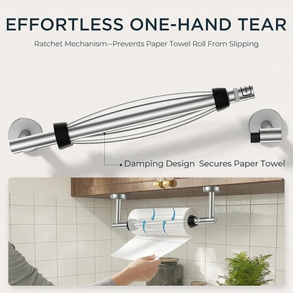 FORIOUS Paper Towel Holder Under Cabinet, SUS304 Wall Mounted Commercial Paper Towel Holder, One-Handed Tear Hanging Paper Roll Holder with Ratchet Mechanism for Kitchen Bathroom (Brushed Nickel)