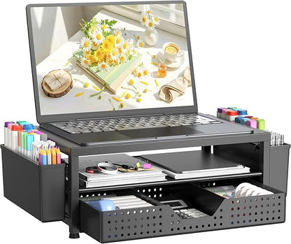 OPNICE Laptop Stand Desk Organizer, 2-Tier Metal Monitor Stand Riser with Drawer & 2 Pen Holders, Ventilated Perforated Steel Top, Office Desk Accessories for Home Office, Black by OPNICE