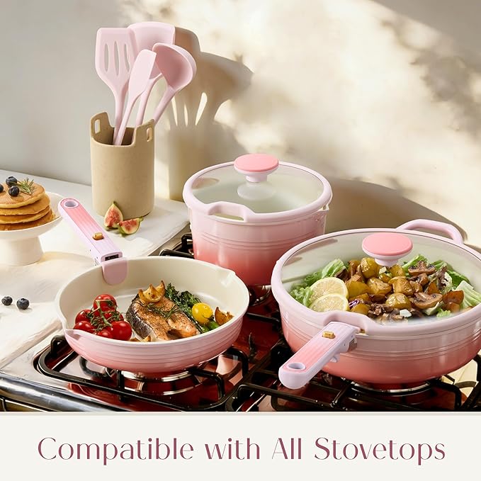 CAROTE 20Pcs Titanium Cookware Set, Pots and Pans Set Non Stick, Kitchen Cooking Set with Detachable Handle, Non Toxic Induction Cookware, Dishwasher/Oven Safe Pink - Image 9