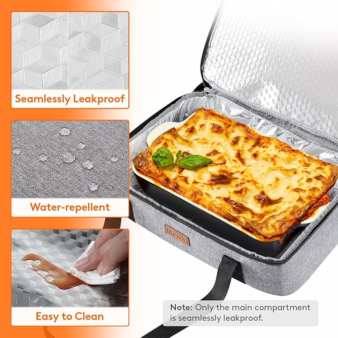 Lifewit Insulated Double Decker Casserole Carrier, Expandable Lasagna Lugger Tote Bag for Hot or Cold Food, Fits 9" x 13" Baking Dish for Potluck Parties, Picnic and Cookouts, Grey
