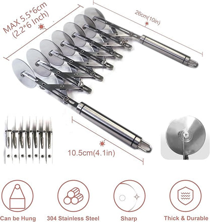 Star Brand Pastry Cutter with Grinder Spaghetti Dough Roller Knife Stainless Steel Pizza Slicer Pasta Wheeling Attice Roller Adjustable Dough Divider with Handle (Stainless Steel, 7 Wheels)