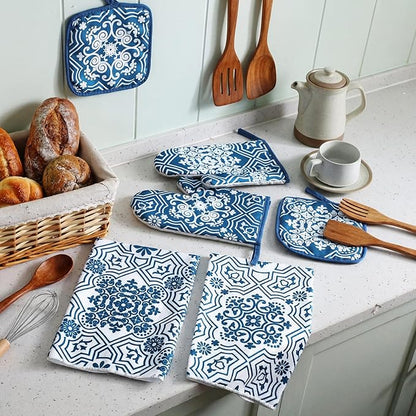 Jingmore 6 Pcs Kitchen Decor Set Accessory Farmhouse Kitchen Towels Pot Holders Oven Mitts Set 2 Dish Towels 2 Pot Holders 2 Cooking Mittens Oven Glove for Cooking (Blue,White,Chinoiserie Printed) - Image 7