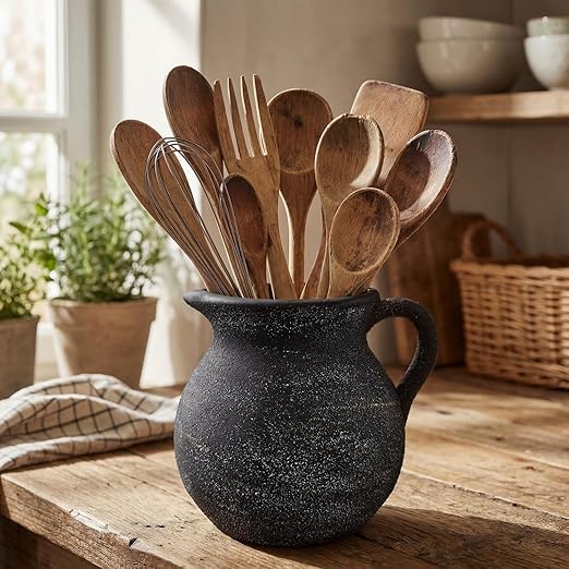 Potchen Rustic Kitchen Utensil Holder with Handle,7.48" H Ceramic Vintage Utensil Crock for Countertop, Farmhouse Kitchen Decoration Ceramic Pot for Spatulas Spoons Tongs(Classic,Antique Black Gold) - Image 7